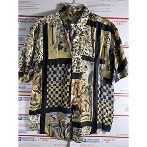 Vintage GOOUCH Rayon Short Sleeve Button Down Shirt Abstract Art Retro Men's Med